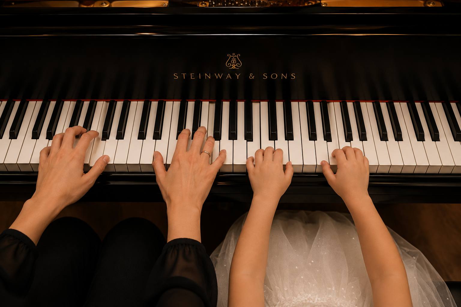 Adult and child playing piano together